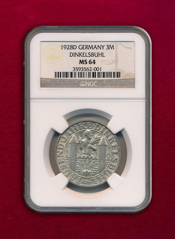 【ドイツ・ワイマール共和国】3 Mark  1928-D  ディンケルスビュール