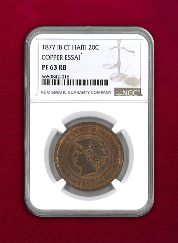 【ハイチ共和国】20C　COPPER ESSAI　1877 IB CT　NGC PF63 RB