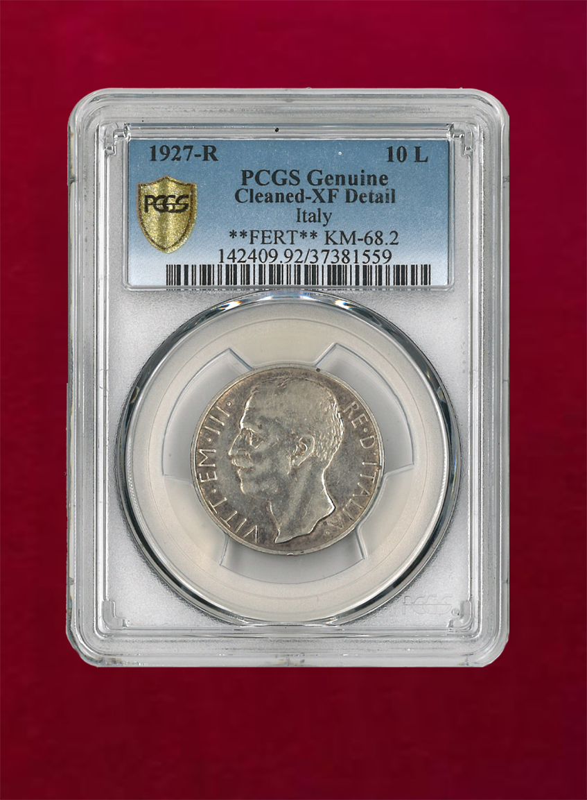 【イタリア】10L　1927-R　PCGS Genuine Cleaned-XF Detail