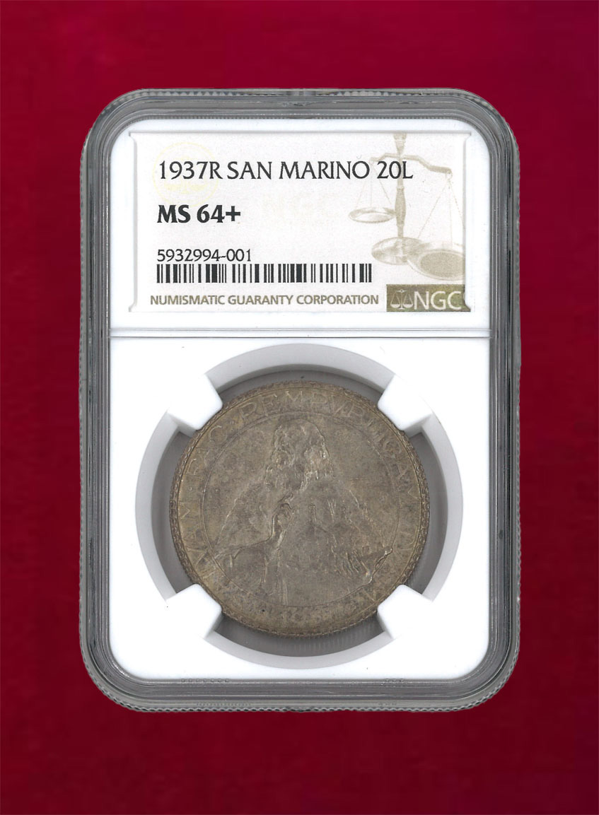 【サンマリノ】20リラ銀貨　1937R　SAN MARINO　NGC MS64+