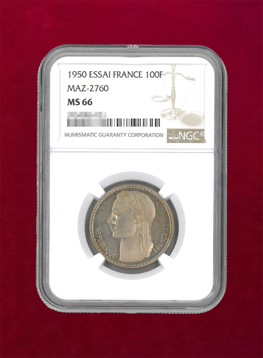 【フランス】100フラン　1950　ESSAI FRANCE　NGC MS66